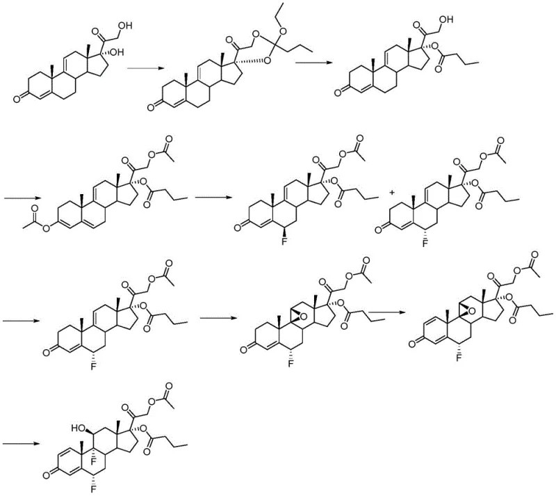 Conventional synthetic route for difluprednate showing complex esterification and epoxidation steps