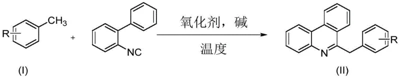 General reaction scheme for the synthesis of 6-benzylphenanthridine compounds using toluene derivatives and 2-isocyanobiphenyl