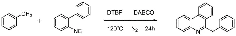 Specific synthesis example of 6-benzylphenanthridine from toluene and 2-isocyanobiphenyl yielding 80%