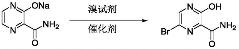 Reaction scheme showing the conversion of sodium 2-carbamoylpyrazine-3-hydroxyl to 6-bromo-3-hydroxy-2-pyrazinecarboxamide using bromine water and catalyst