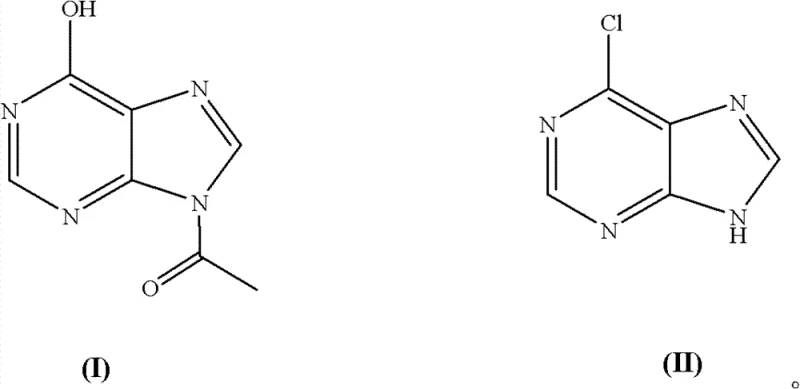 Chemical structures of Acetyl Hypoxanthine (I) and 6-Chloropurine (II) showing the core transformation