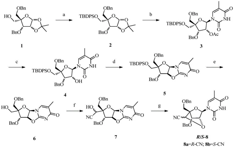Detailed synthetic route for 6'-CN modified nucleosides from protected sugar precursors