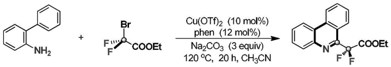 General reaction scheme for Cu-catalyzed synthesis of 6-difluorophenanthridine from o-aminobiphenyl and ethyl bromodifluoroacetate