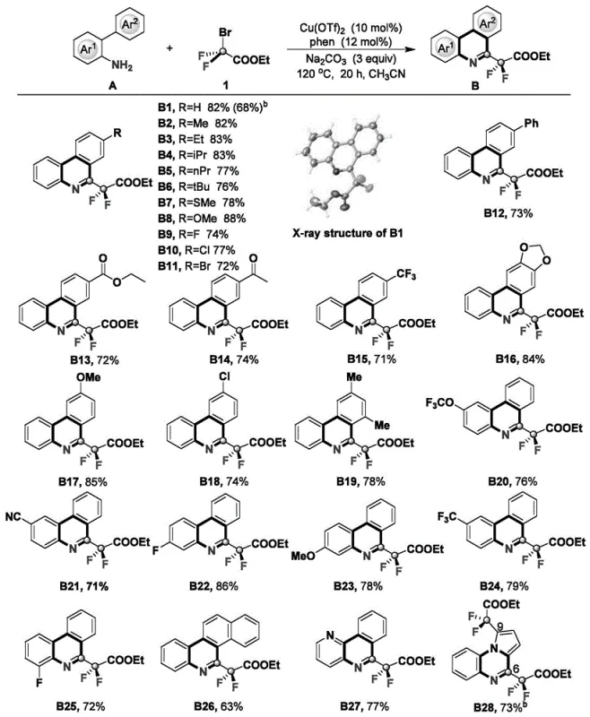 Substrate scope and product yields for various 6-difluorophenanthridine derivatives showing high functional group tolerance