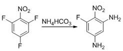 Reaction scheme showing the conversion of 2,4,6-trifluoronitrobenzene to 6-fluoro-2,4-diaminonitrobenzene using ammonium bicarbonate