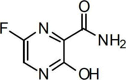 Chemical structure of 6-fluoro-3-hydroxy-2-pyrazinamide showing the pyrazine core with fluoro, hydroxy, and amide substituents