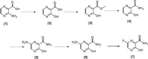 Overall six-step synthetic route from methyl 3-amino-2-pyrazinecarboxylate to 6-fluoro-3-hydroxy-2-pyrazinamide