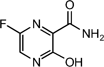 Chemical structure of 6-fluoro-3-hydroxyl-2-pyrazinoic acid amide showing the core pyrazine ring with fluoro, hydroxyl, and amide substituents