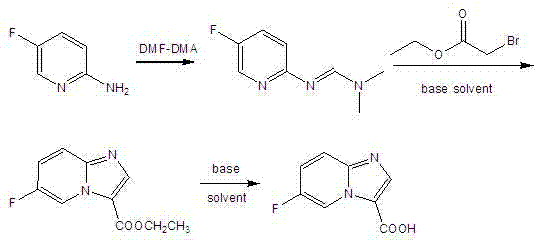 Reaction scheme showing the three-step synthesis of 6-fluoroimidazo[1,2-a]pyridine-3-carboxylic acid from 2-amino-5-fluoropyridine via formamidine intermediate and ethyl ester