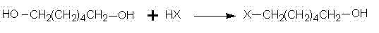 Chemical reaction scheme showing the selective mono-halogenation of 1,6-hexanediol to 6-halo-hexanol using HX in toluene