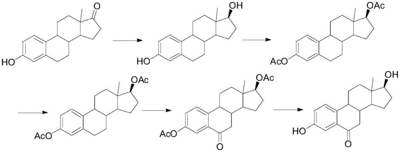 Traditional synthesis route of 6-ketoestradiol from estrone showing chromium oxidation steps