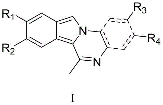 General structural formula of 6-methylisoindolo[2,1-a]quinoxaline compounds showing variable substituents R1-R4