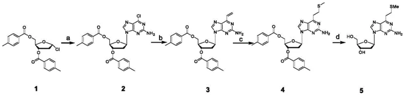 Synthetic route showing the four-step conversion from chloro-ribose derivative to 6-methylthioethyl purine deoxynucleoside