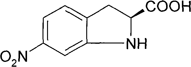 Chemical structure of 6-nitro-S-(-)-indoline-2-carboxylic acid showing the chiral center and nitro group positioning