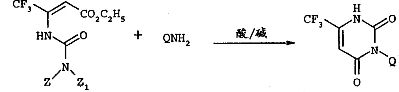 Core reaction scheme showing urea and amine condensation to form uracil derivative