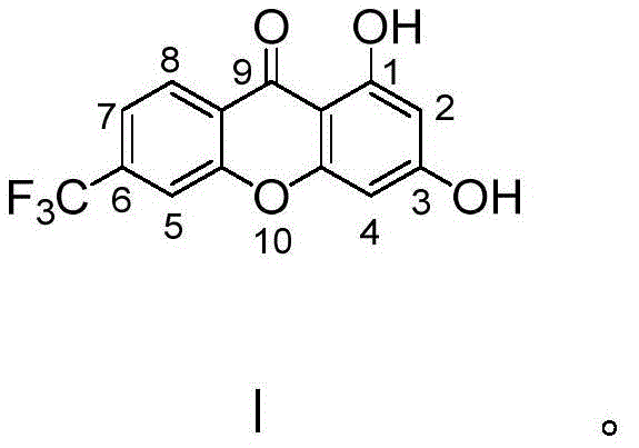 Chemical structure of 6-trifluoromethyl-1,3-dihydroxyxanthone showing the core xanthone scaffold with trifluoromethyl and hydroxyl substituents