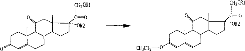 Chemical structure transformation from Cortisone Acetate derivative to etherified intermediate showing double bond shift