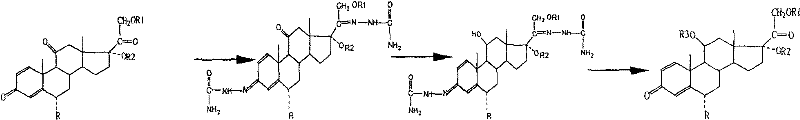 Final synthetic steps showing semicarbazone formation, reduction, and deamination to yield 6α-methylprednisolone