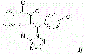 Chemical structure of 7-(4-chlorophenyl)-5,6-dihydro-7aH-benzo[h]1,2,4-triazolo[3,4-b]quinazoline-5,6-diketone showing the chlorophenyl substitution
