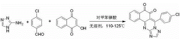 Reaction scheme showing the solvent-free condensation of 3-amino-1,2,4-triazole, p-chlorobenzaldehyde, and 2-hydroxy-1,4-naphthoquinone to form the target triazoloquinazoline dione
