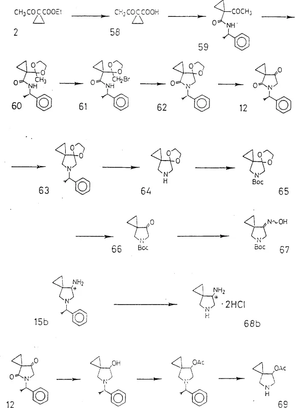 Synthesis route of spiro amine intermediates showing cyclization and protection steps