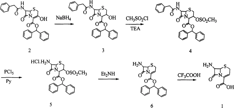 Traditional synthetic route for 7-ANCA using PCl5 and TFA showing phosphorus waste generation