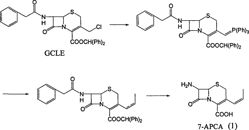 Traditional synthetic route for 7-APCA starting from GCLE showing multiple steps and lower yields