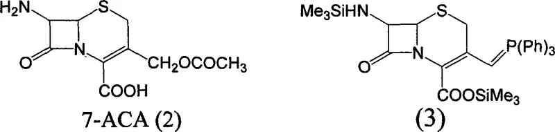 Step 1 mechanism showing silylation and iodination of 7-ACA to form phosphonium salt intermediate