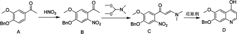 Overall synthetic route from Compound A to Compound D showing nitration, enamine formation, and reductive cyclization