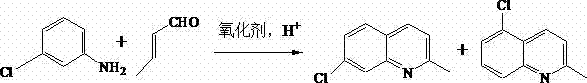 Reaction scheme showing the synthesis of 7-chloroquinaldine from m-chloroaniline and crotonaldehyde using SDS and phosphomolybdic acid