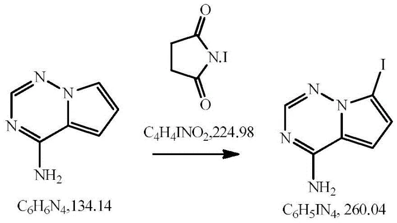 Reaction scheme for the iodination of 4-aminopyrrolo triazine to 7-iodopyrrolo triazine amine using I2 and NIS