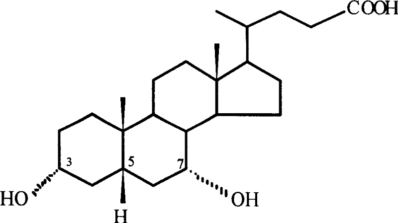 Chemical structure of Chenodeoxycholic Acid (CDCA) showing stereochemistry at positions 3, 5, and 7