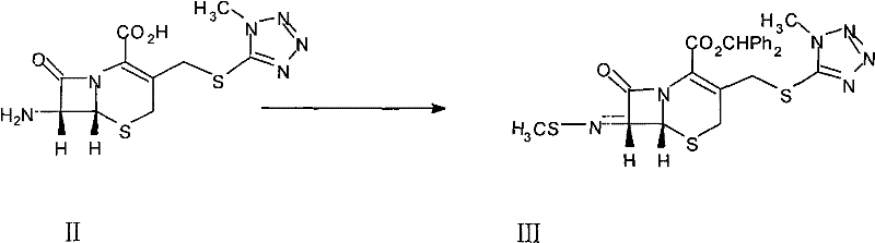 Reaction scheme showing the imidization of 7-TMCA (II) to Intermediate (III) using methyl sulfur bromide and diphenyl diazomethane