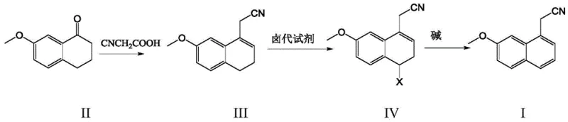 Overall synthetic route showing the conversion of 7-methoxytetrahydro-1-naphthalenone to the final nitrile product via halogenation intermediate