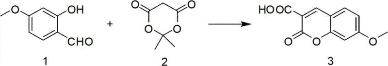 Reaction scheme showing the condensation of 4-methoxysalicylaldehyde with a cyclic malonate derivative to form 7-methoxycoumarin-3-carboxylic acid