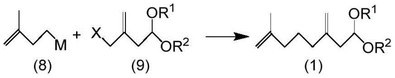 Coupling reaction scheme forming the 7-methyl-3-methylene-7-octenal acetal intermediate