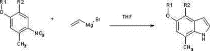 General reaction scheme showing the conversion of 2-methyl-5-oxo nitrobenzene compounds to 7-methyl-5-oxygen substituted indoles using vinyl Grignard reagents