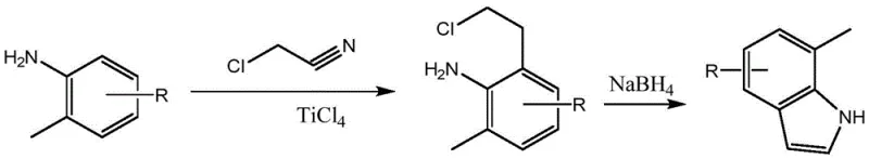 Conventional TiCl4 mediated synthesis route showing low yield and polymerization issues