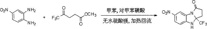 Reaction scheme showing the one-pot synthesis of 7-nitro-3a-(trifluoromethyl) benzimidazole pyrrolone from methyl trifluoro gamma-keto acid and p-nitro-o-phenylenediamine