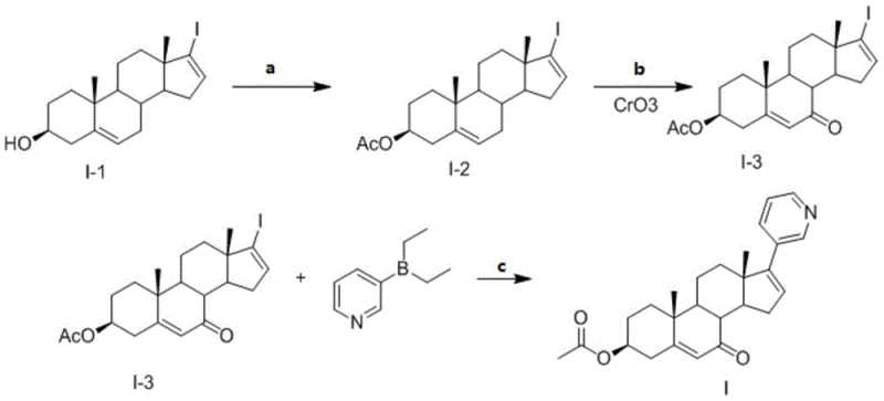 Overall synthetic route for 7-oxoacetate abiraterone showing acetylation, oxidation, and Suzuki coupling steps