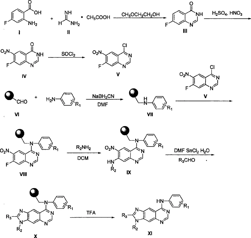 Complete solid-phase synthesis reaction scheme showing resin loading and cyclization steps