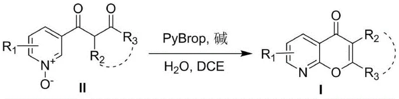 General synthetic route showing PyBrop-mediated cyclization of pyridine N-oxide to 8-azachromone