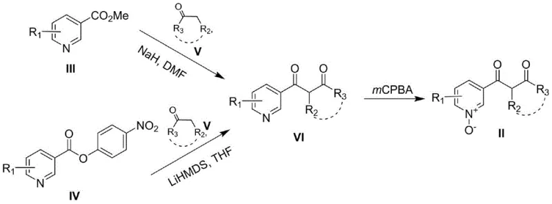 Synthesis pathway of pyridine N-oxide precursor via Claisen condensation and mCPBA oxidation