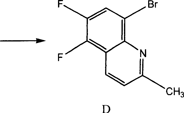 Overall reaction equation showing the cyclization of 3,4-difluoro-6-bromoacetanilide to the quinoline derivative