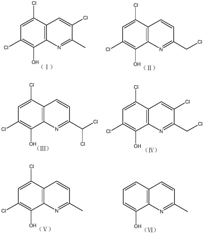 Chemical structures of chloroquinaldine waste components (I-V) and target product 8-hydroxy-2-methylquinoline (VI)