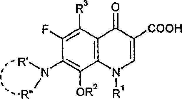 General chemical structure of 8-methoxy-quinolone carboxylic acid derivatives showing variable substituents R1, R2, and R3