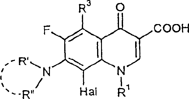 General formula of the 8-halo-quinolone carboxylic acid starting material where Hal represents fluorine or chlorine
