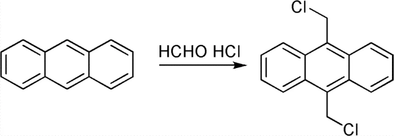Reaction scheme showing the chloromethylation of anthracene with paraformaldehyde and HCl in dioxane to form 9,10-bis(chloromethyl)anthracene