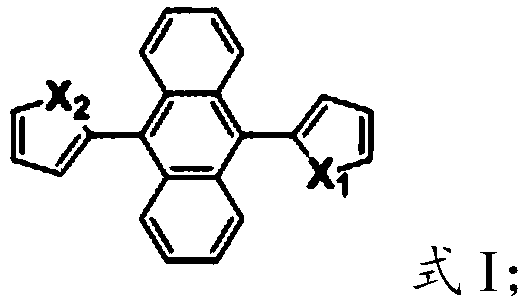 General chemical structure of 9,10-dipyrrolyl anthracene derivatives showing variable substituents X1 and X2