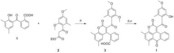 Synthesis route of Compound I showing DBU catalyzed condensation and Eaton reagent cyclization